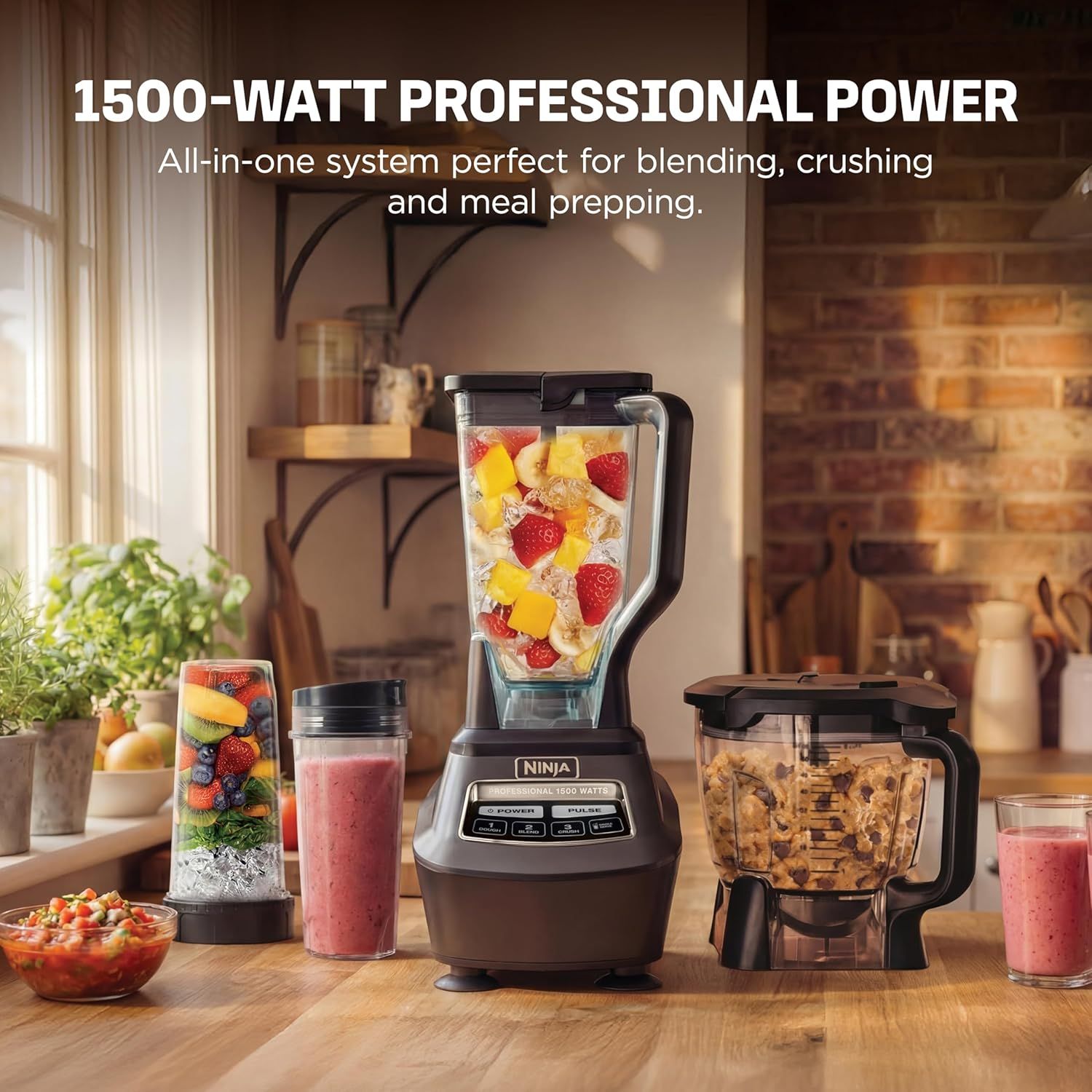 Communicates the high-performance power specification of the blender system to reassure shoppers of its professional-grade capability for blending, crushing, and meal prepping. Demonstrates the…