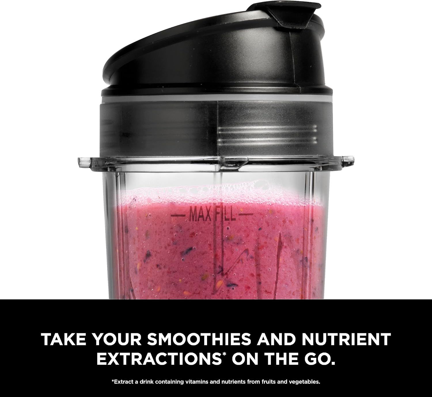 Communicates that the blender cup with lid allows users to take their smoothies and nutrient extractions anywhere, emphasizing portability and convenience for busy lifestyles.