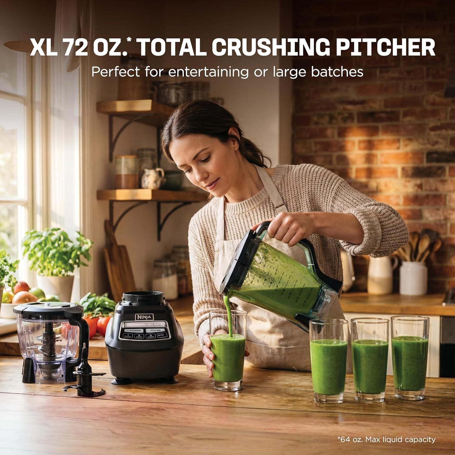 Highlights the large 72 oz. pitcher capacity to communicate that this blender can handle entertaining and large batch preparation, reassuring shoppers about its volume capability. Shows the product…