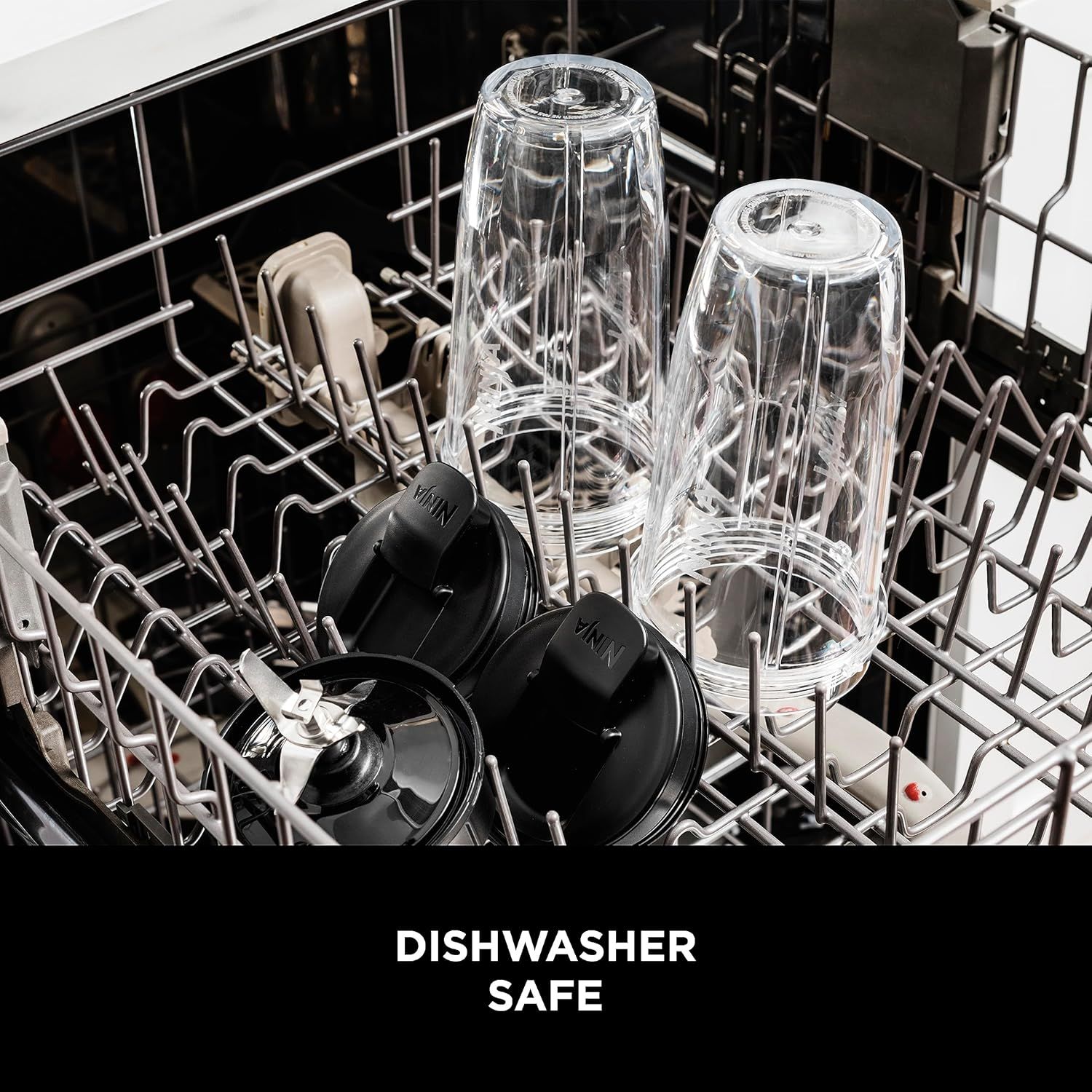 Reassures shoppers that the product components (blender cups, lids, and blades) are dishwasher safe, making cleanup convenient and hassle-free. Highlights the convenience benefit of dishwasher-safe…