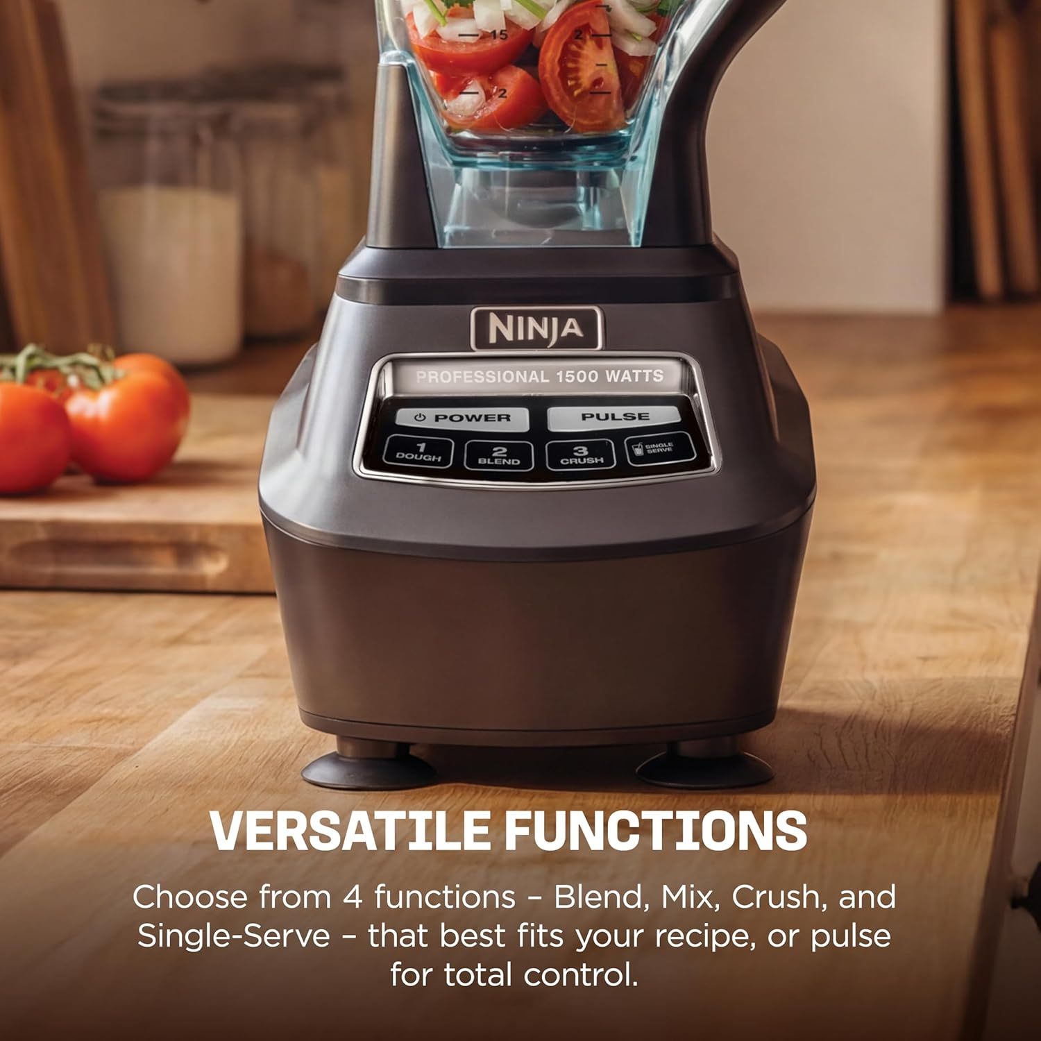 Communicates the product's versatility by highlighting the 4 different blending functions (Blend, Mix, Crush, Single-Serve) plus pulse control, reassuring shoppers that one appliance can handle…
