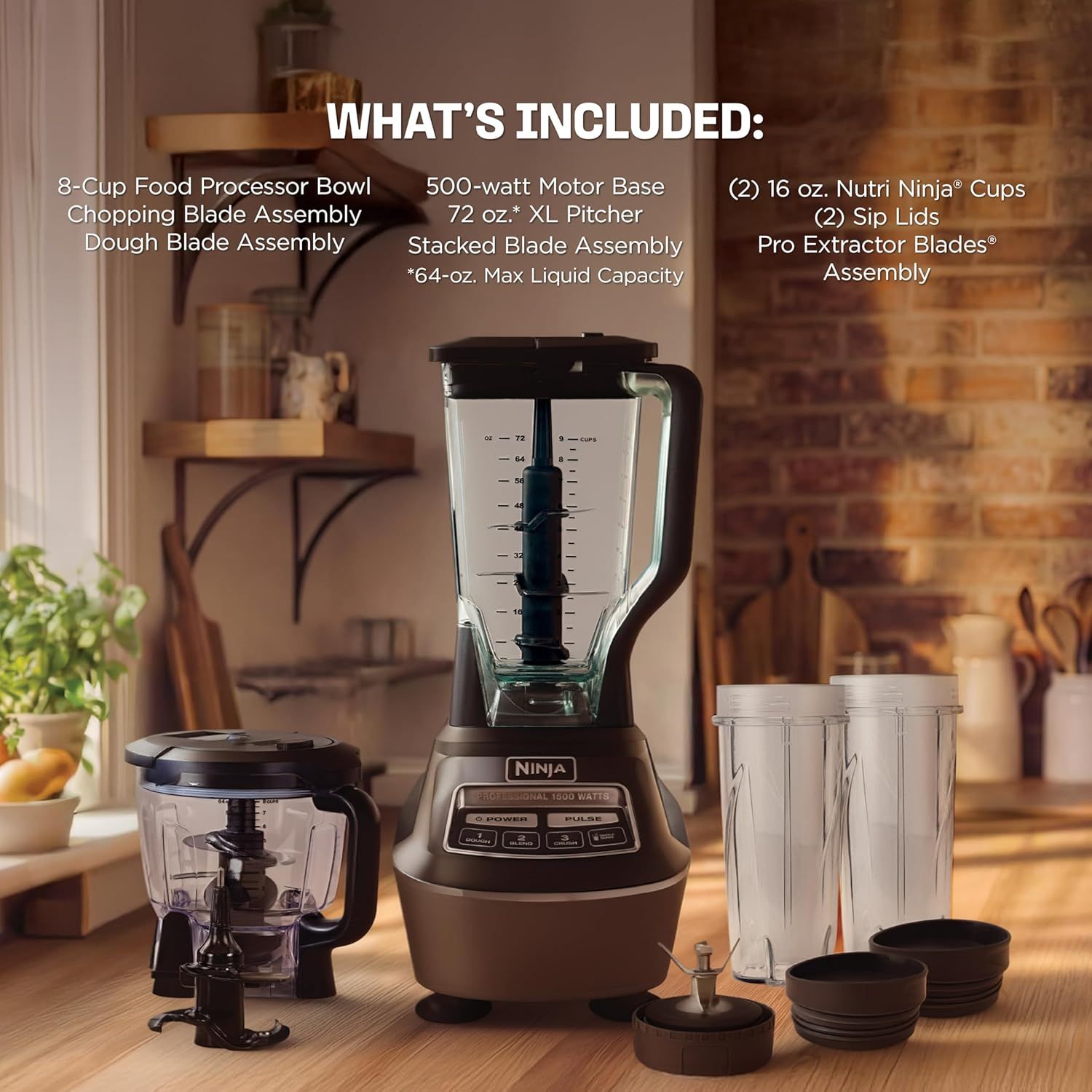 Shows the customer everything included in the purchase—the motor base, multiple containers, blade assemblies, and accessories—to communicate the comprehensive value and versatility of the complete…