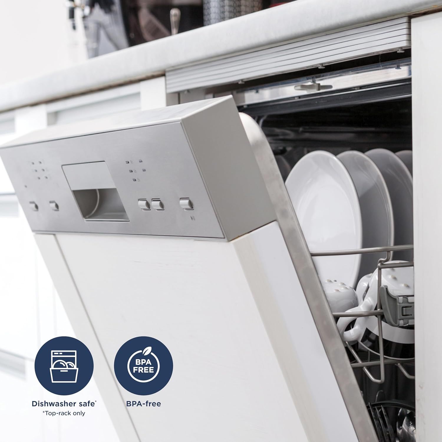 Communicates that the product is safe for dishwasher use (top-rack only) and free from BPA, reassuring shoppers about convenience and health safety. Highlights two distinct product benefits in a…