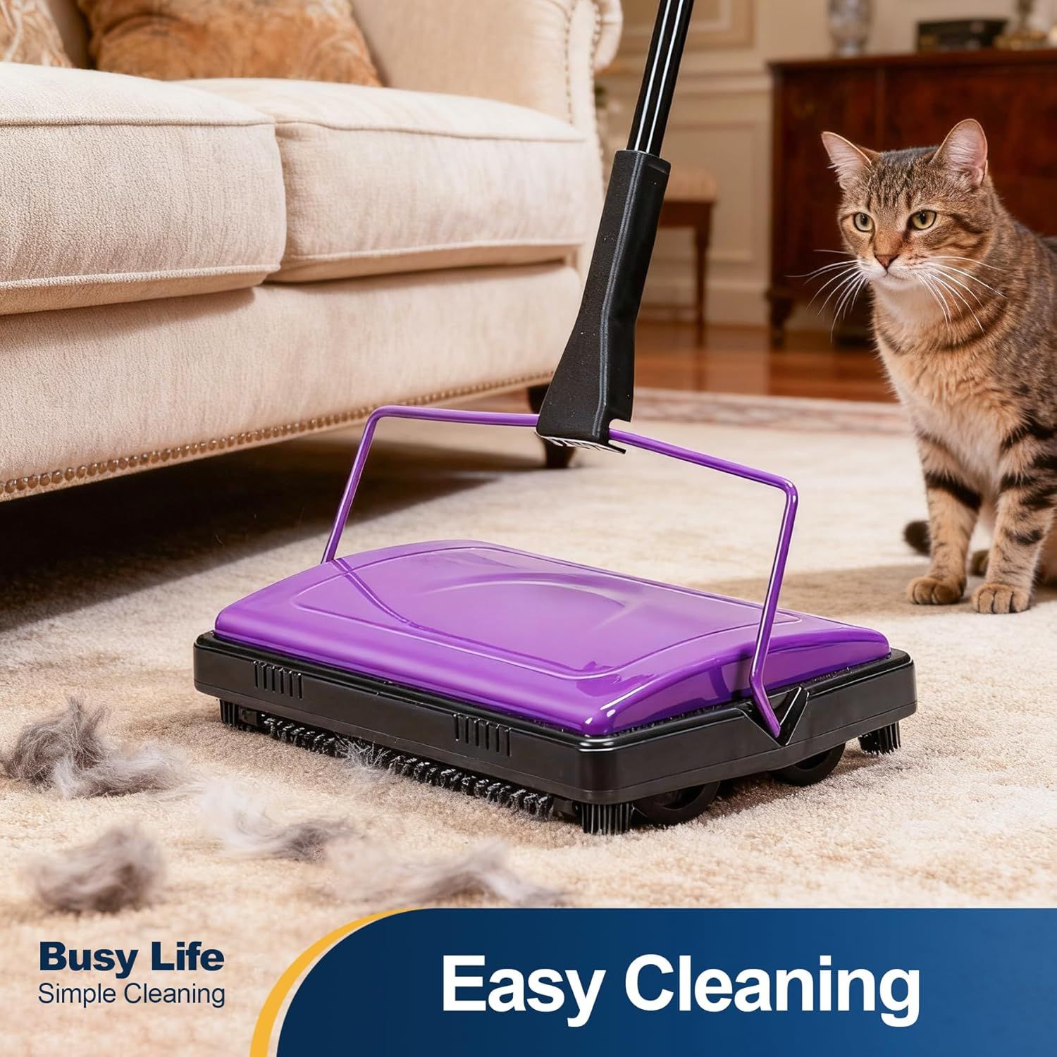 Demonstrates the product's effectiveness for cleaning pet hair in a home environment, reassuring pet owners that this sweeper is ideal for their needs. Communicates the core benefit of easy, simple…
