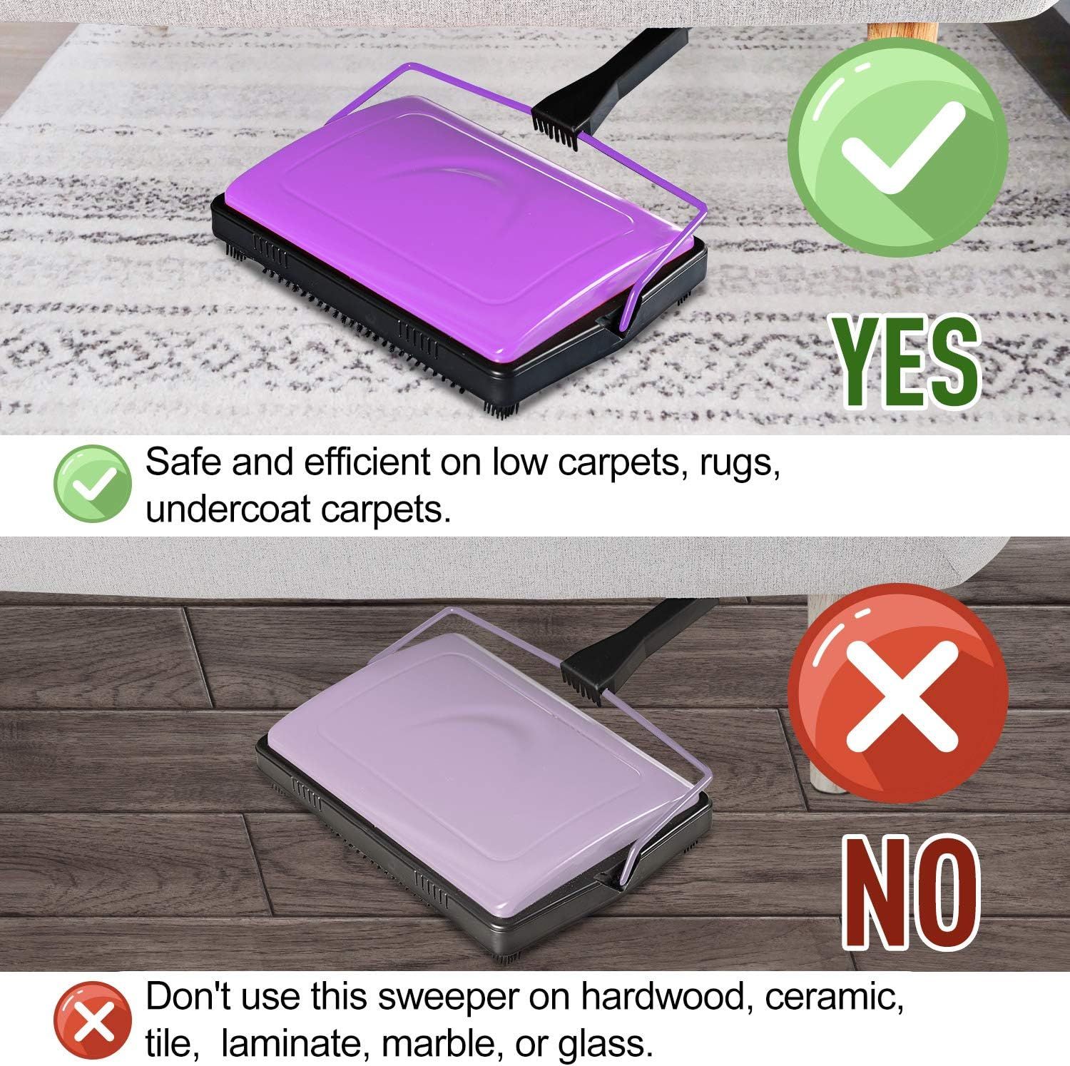 Demonstrates which surfaces the sweeper is safe and effective on (low carpets, rugs, undercoat carpets) versus which surfaces to avoid (hardwood, ceramic, tile, laminate, marble, glass), helping…