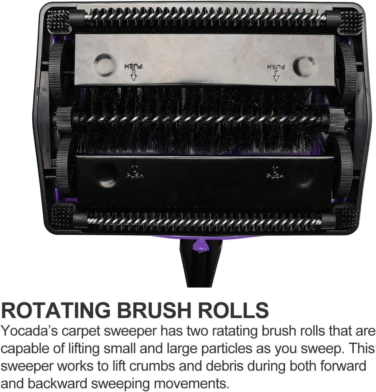 Highlights the internal structure and key component of the carpet sweeper—the two rotating brush rolls—to demonstrate how the product effectively lifts crumbs and debris during sweeping.