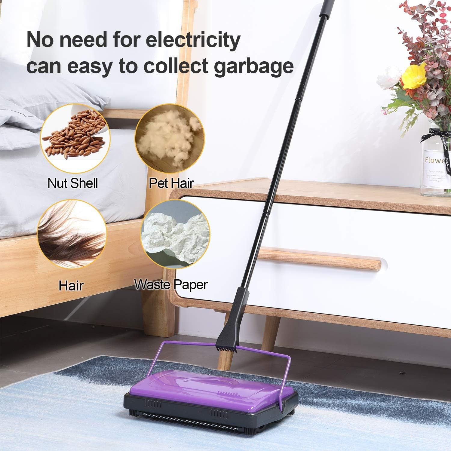 Demonstrates the product's versatility by showing it can collect multiple types of household debris (nut shells, pet hair, human hair, waste paper) without electricity, reassuring shoppers of its…