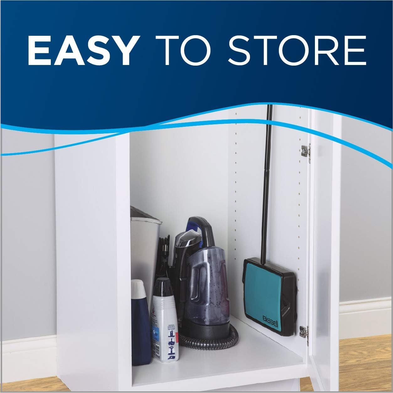 Demonstrates that the vacuum and accessories can be conveniently stored in a cabinet, reassuring shoppers about space-saving and organization.