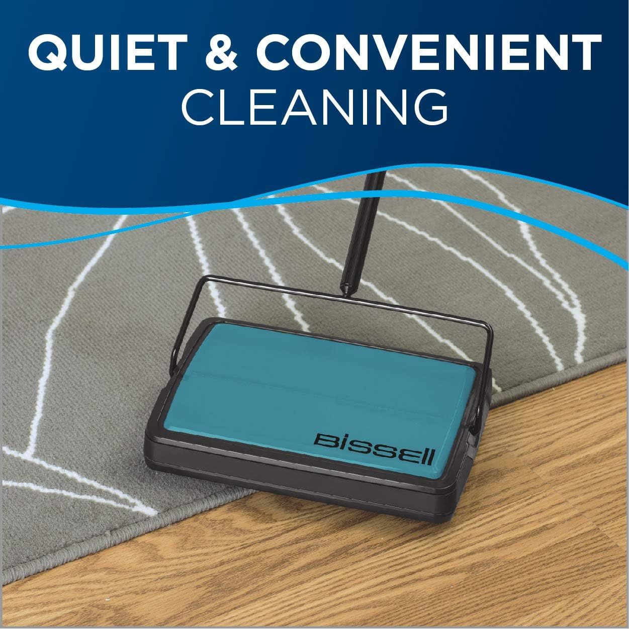 Communicates that the Bissell carpet sweeper provides quiet and convenient cleaning, reassuring shoppers that it's easy to use without noise disruption.