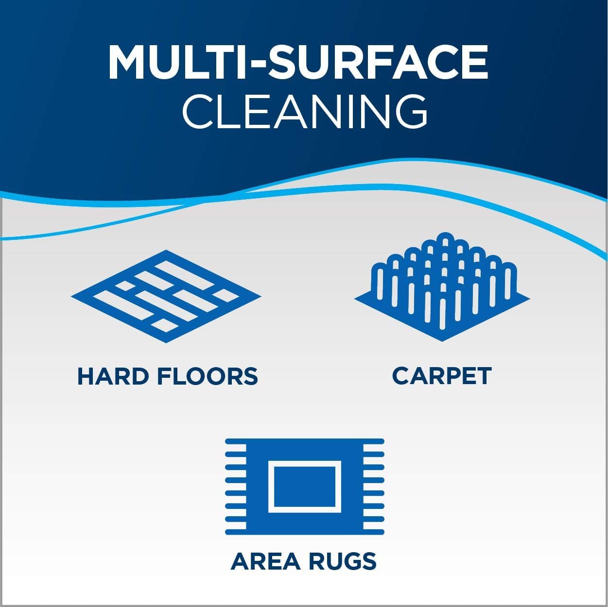 Demonstrates the product's versatility by showing it can clean multiple surface types including hard floors, carpet, and area rugs.