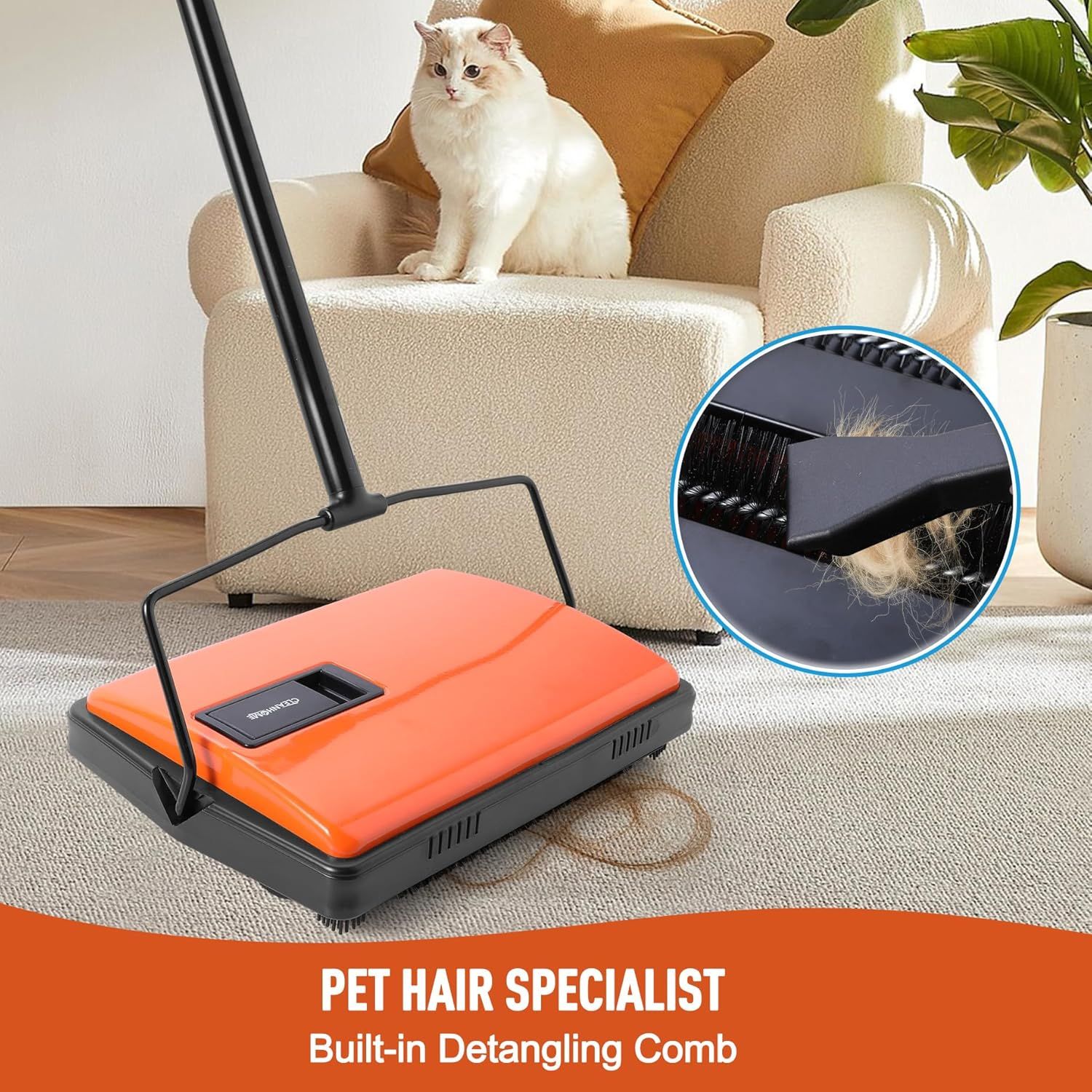 Communicates that this sweeper is specifically designed for pet owners, featuring a built-in detangling comb to effectively remove pet hair from carpets and floors.