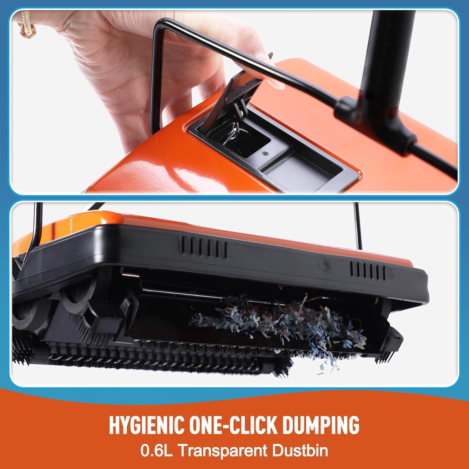 Demonstrates the product's convenient one-click dustbin emptying mechanism, reassuring shoppers that they can dispose of debris hygienically without touching dirt or dust.
