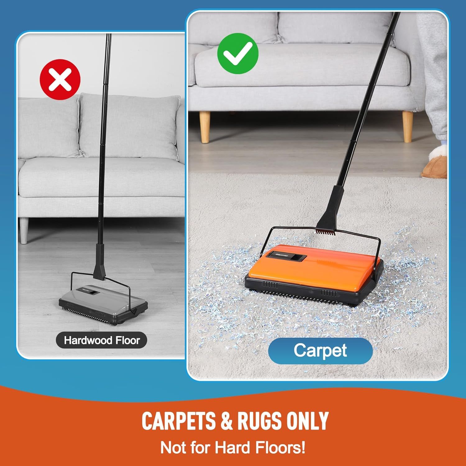 Demonstrates the correct and incorrect use cases for the sweeper, showing it is designed for carpets and rugs only, not hardwood floors, to prevent misuse and set proper expectations. Warns shoppers…