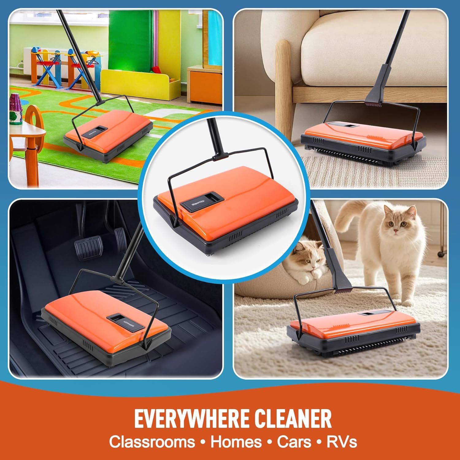 Demonstrates the sweeper's versatility by showing it can be used in multiple environments—classrooms, living rooms, cars, and homes with pets—to reassure shoppers it's a flexible cleaning solution…