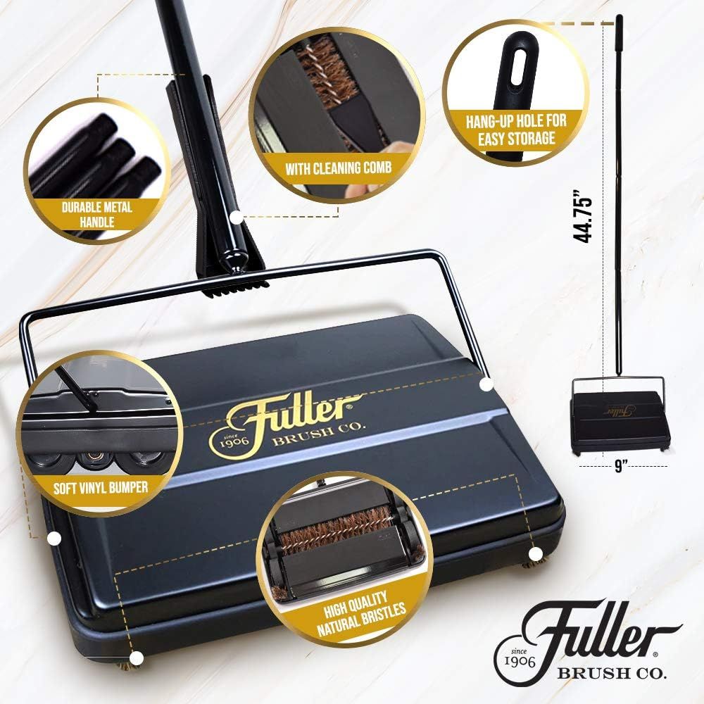 This image breaks down the physical components and construction features of the carpet sweeper to help shoppers understand the quality and thoughtful design of each part.