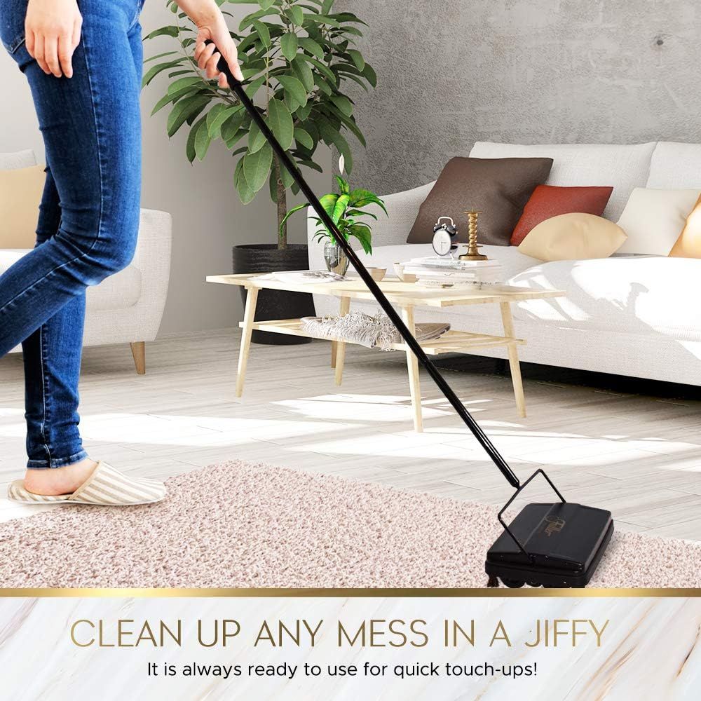 Communicates the convenience and ease of use of the sweeper for quick cleaning tasks, reassuring shoppers that it's ready to use anytime for fast mess cleanup.