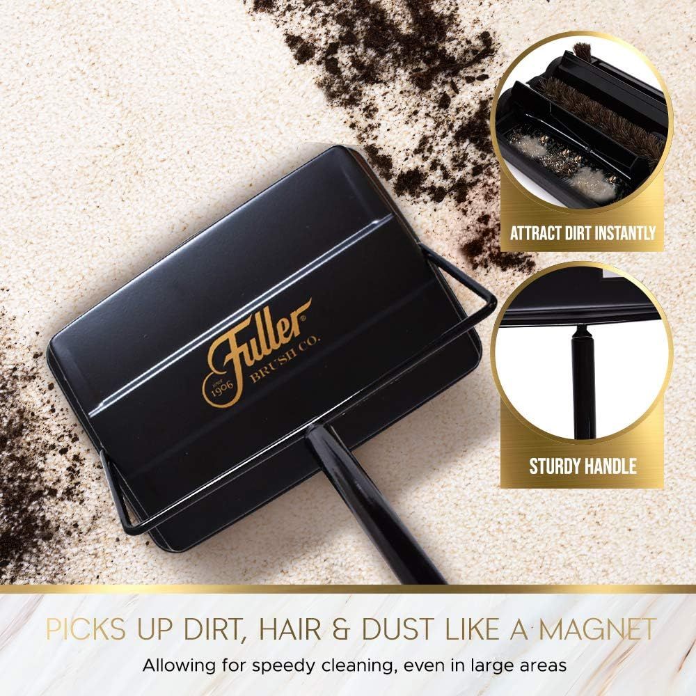 Communicates two distinct product benefits in a segmented layout: the brush's ability to attract dirt magnetically for efficient cleaning, and its durable handle design for ease of use.