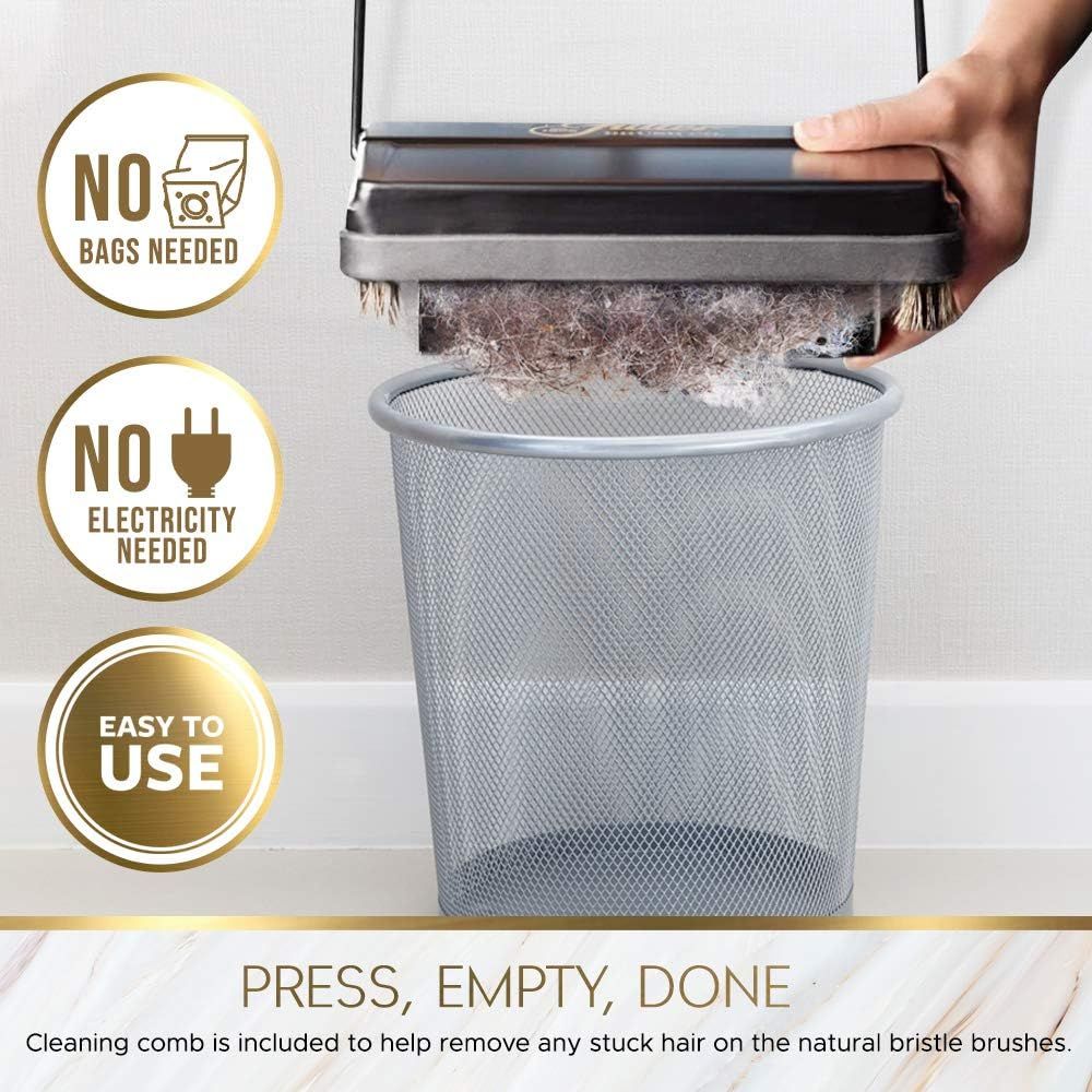 Communicates multiple key benefits of the manual sweeper: bagless operation, no power required, and ease of use, reassuring shoppers of its convenience and simplicity.