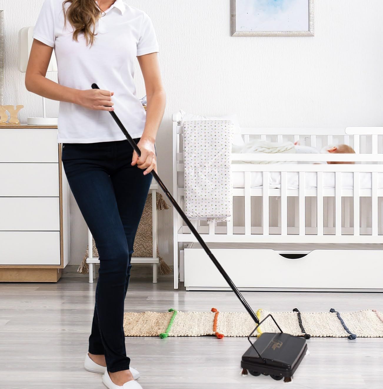 Demonstrates the product being used in a real-world nursery setting to show shoppers how it fits naturally into their daily cleaning routine around children.