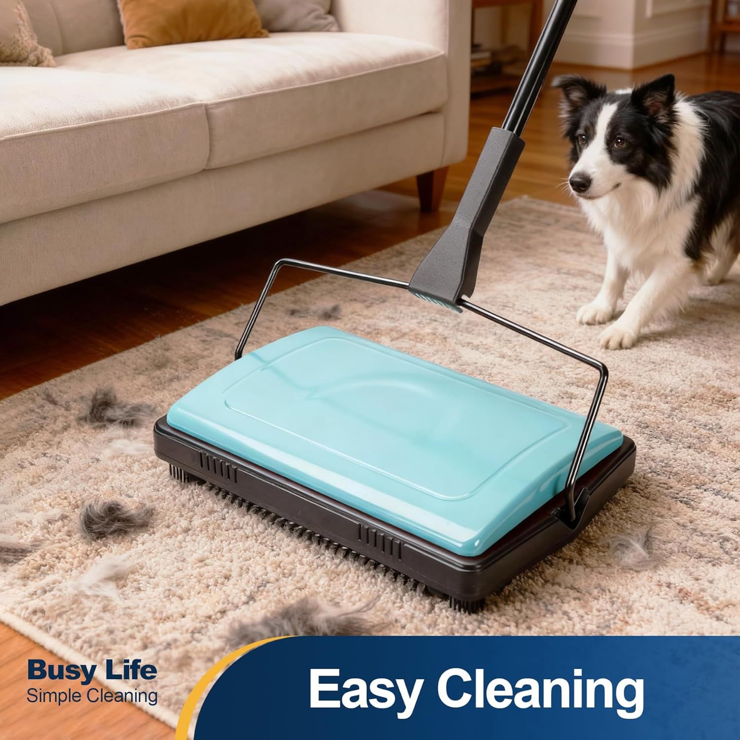 Demonstrates the product's effectiveness at easily cleaning pet hair from carpets, reassuring pet owners that the sweeper simplifies household cleaning tasks.