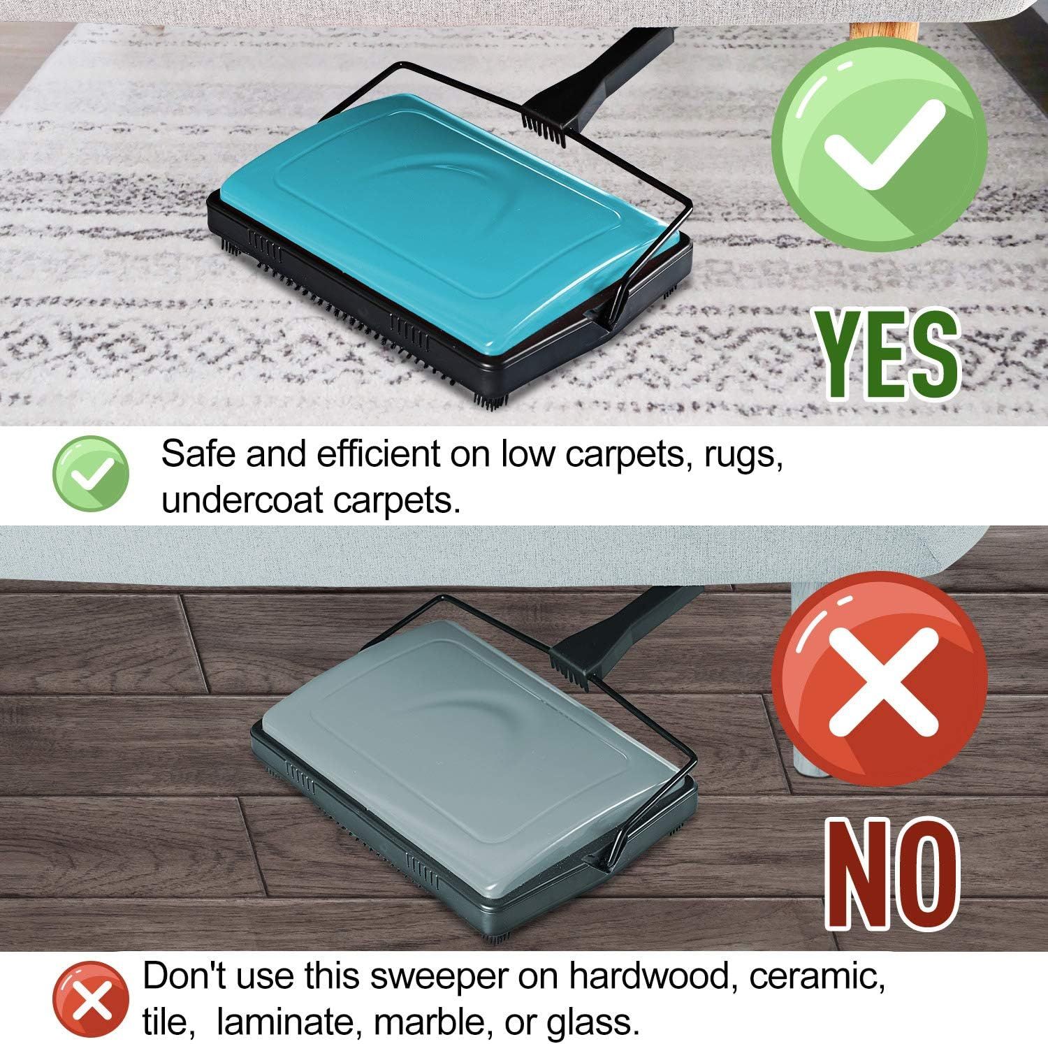 Demonstrates where the sweeper should and should not be used, helping shoppers understand the appropriate surfaces and avoid damage to incompatible flooring types.