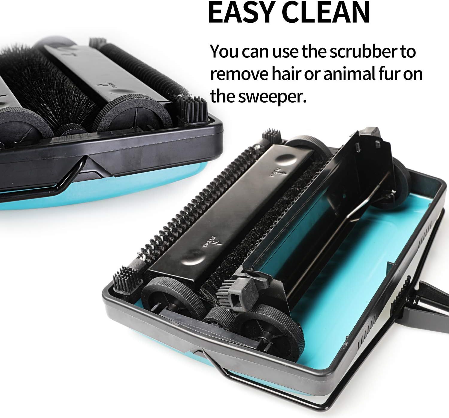 Demonstrates how to clean and maintain the sweeper by using the built-in scrubber to remove hair and fur, reassuring shoppers that maintenance is simple and convenient. Highlights the easy-clean…