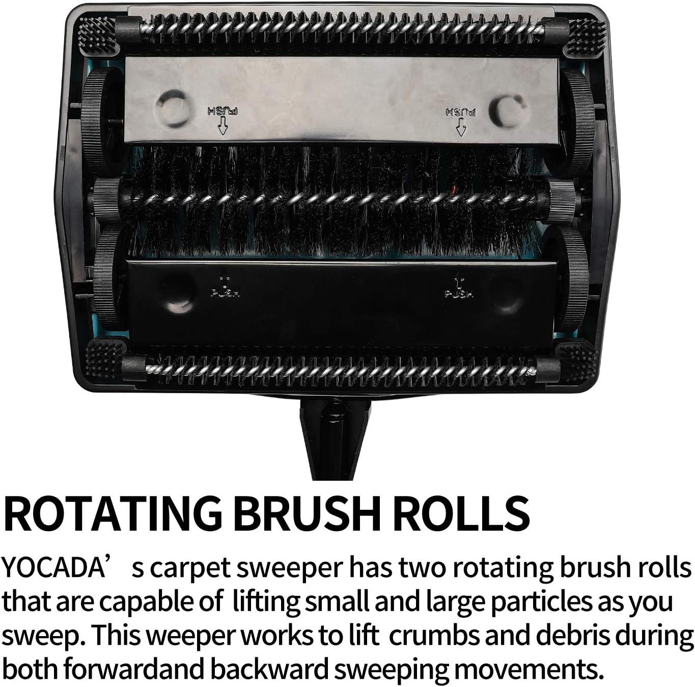 Highlights the internal rotating brush roll mechanism to show how the product effectively lifts and captures both small and large particles during sweeping. Communicates the key benefit of the dual…