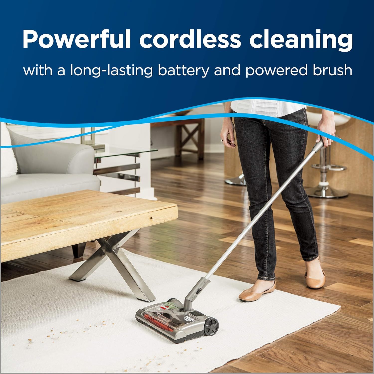 Highlights the product's cordless design with long battery life and powered brush to communicate convenience and powerful cleaning performance for home use.