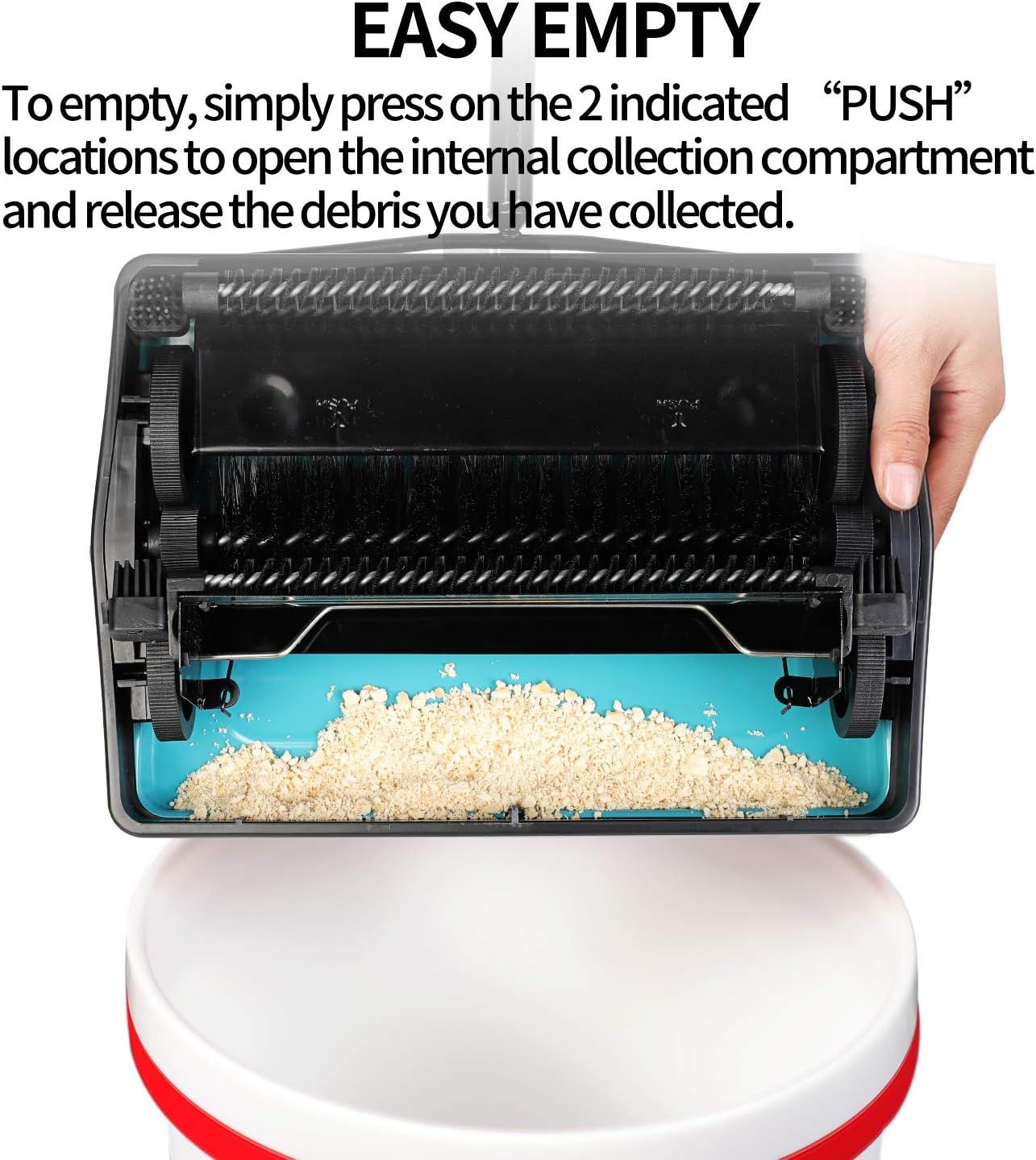 Demonstrates how to empty the debris collection compartment by pressing two indicated locations, reassuring shoppers that maintenance is simple and hassle-free. Highlights the ease of emptying the…