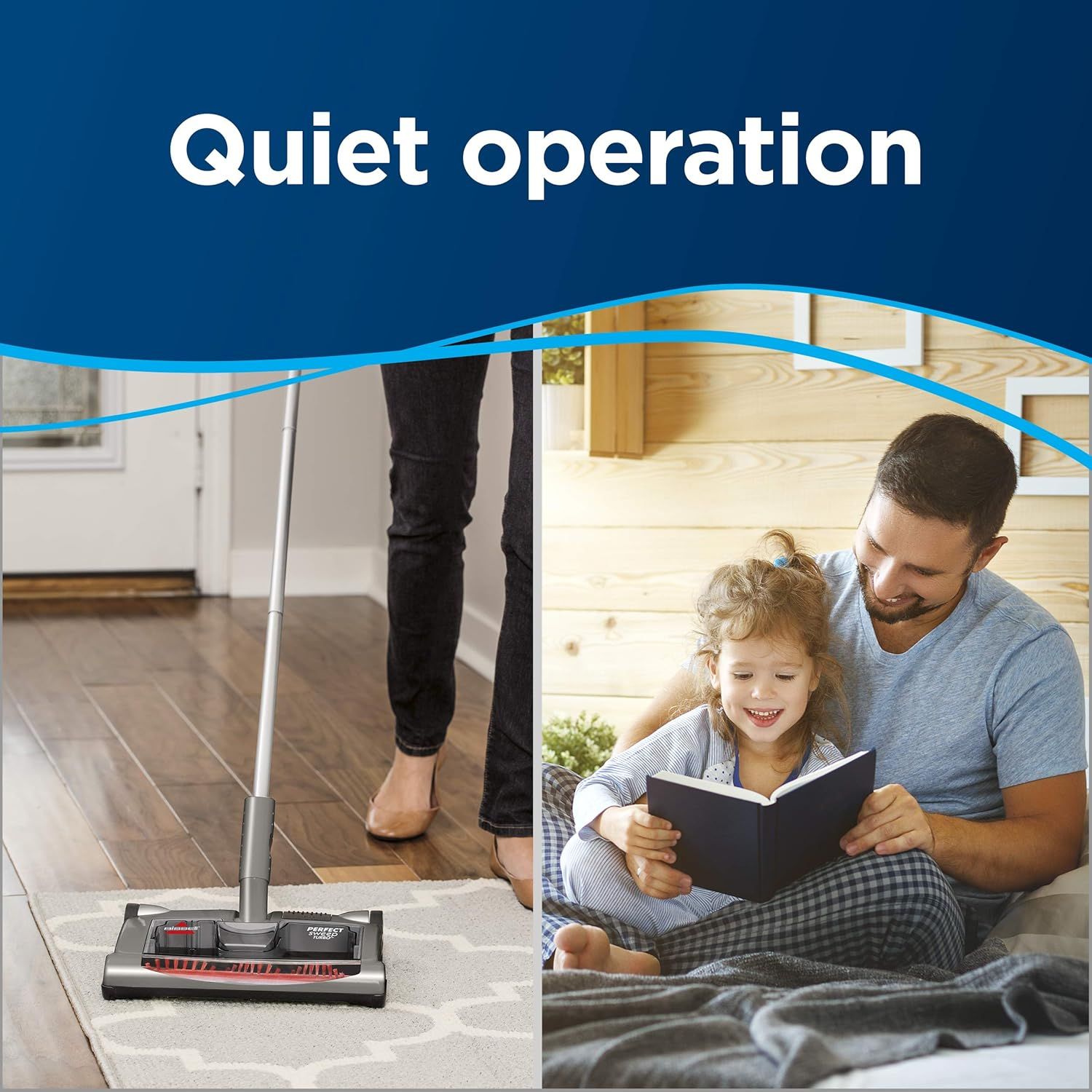 Communicates that the vacuum operates quietly, allowing family life to continue undisturbed, reassuring shoppers that cleaning won't disrupt reading, relaxation, or quality time.