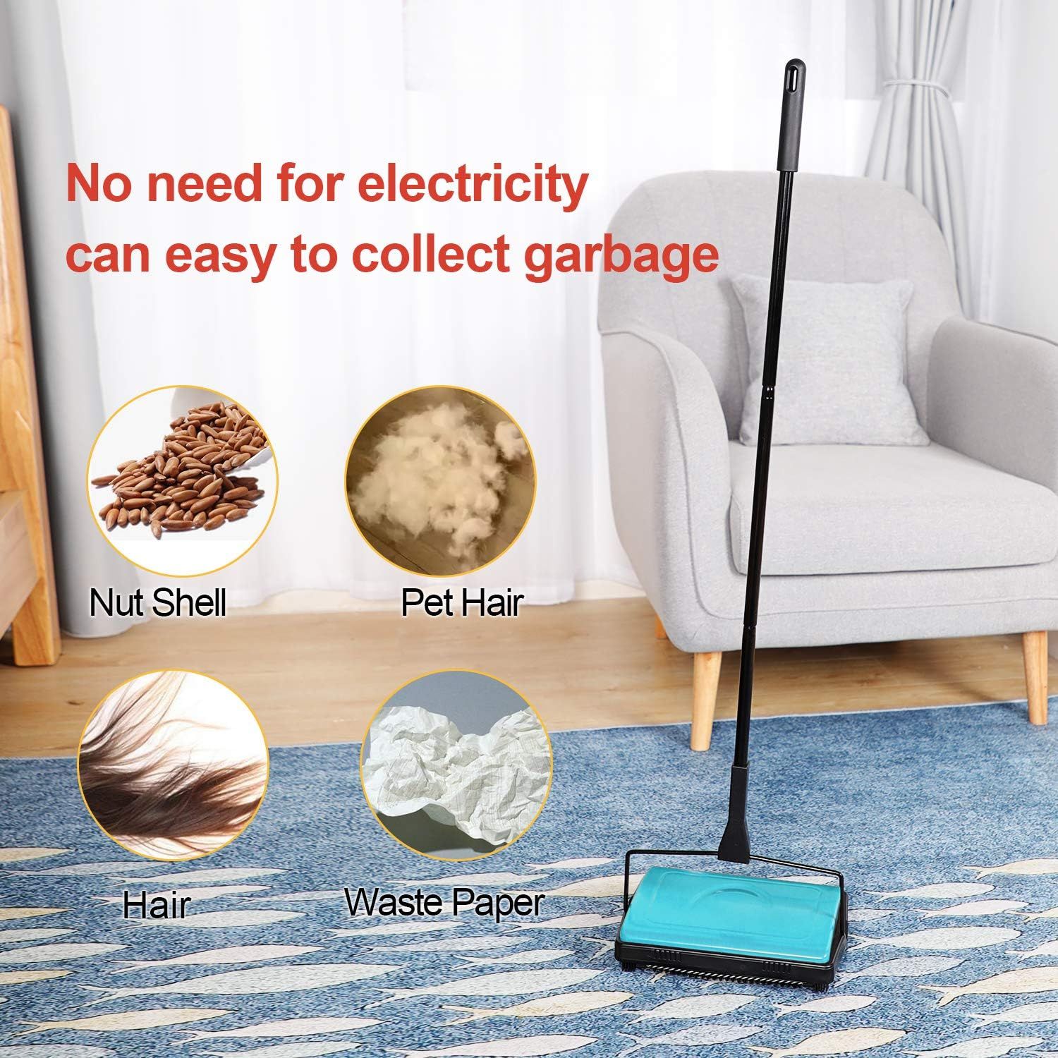 Demonstrates the product's versatility by showing it can collect multiple types of debris (nut shells, pet hair, human hair, waste paper), reassuring shoppers it handles various household cleaning…