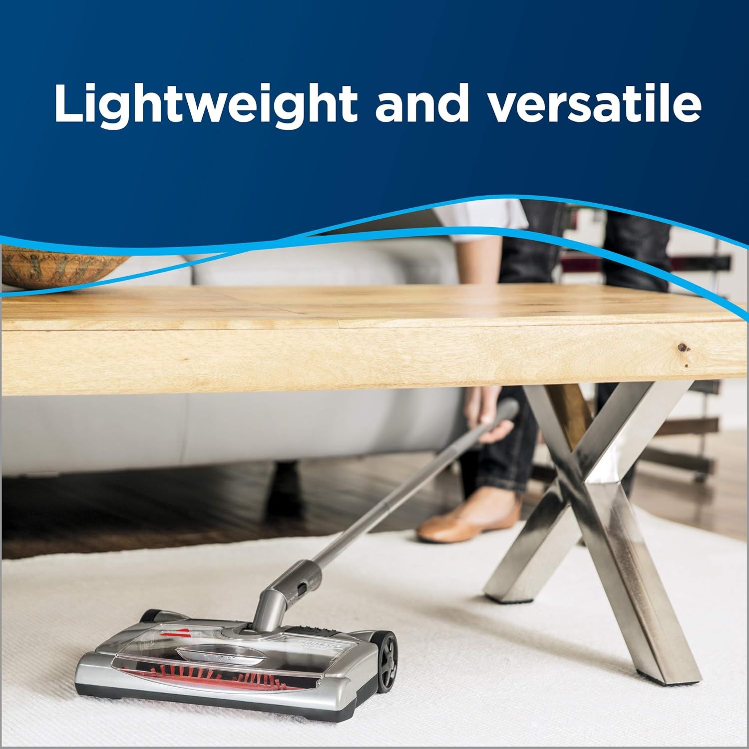 Demonstrates the vacuum's lightweight and versatile design, showing it can easily maneuver under furniture and in tight spaces to reassure shoppers of its ease of use.
