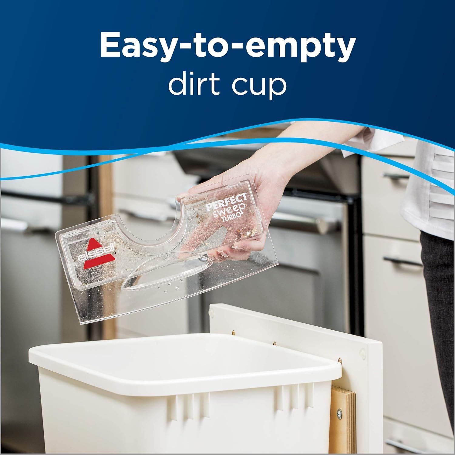 Demonstrates the convenience of emptying the dirt cup, reassuring shoppers that maintenance is simple and hassle-free.