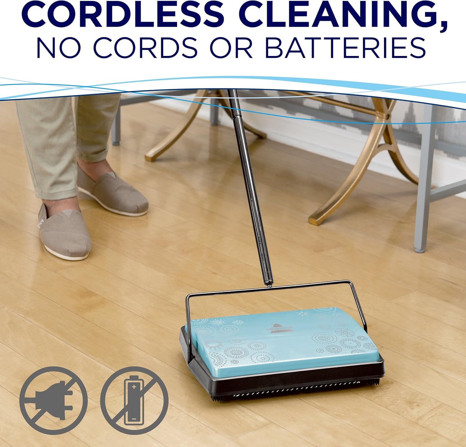 Communicates that the sweeper operates without cords or batteries, offering hassle-free convenience and freedom of movement during cleaning.
