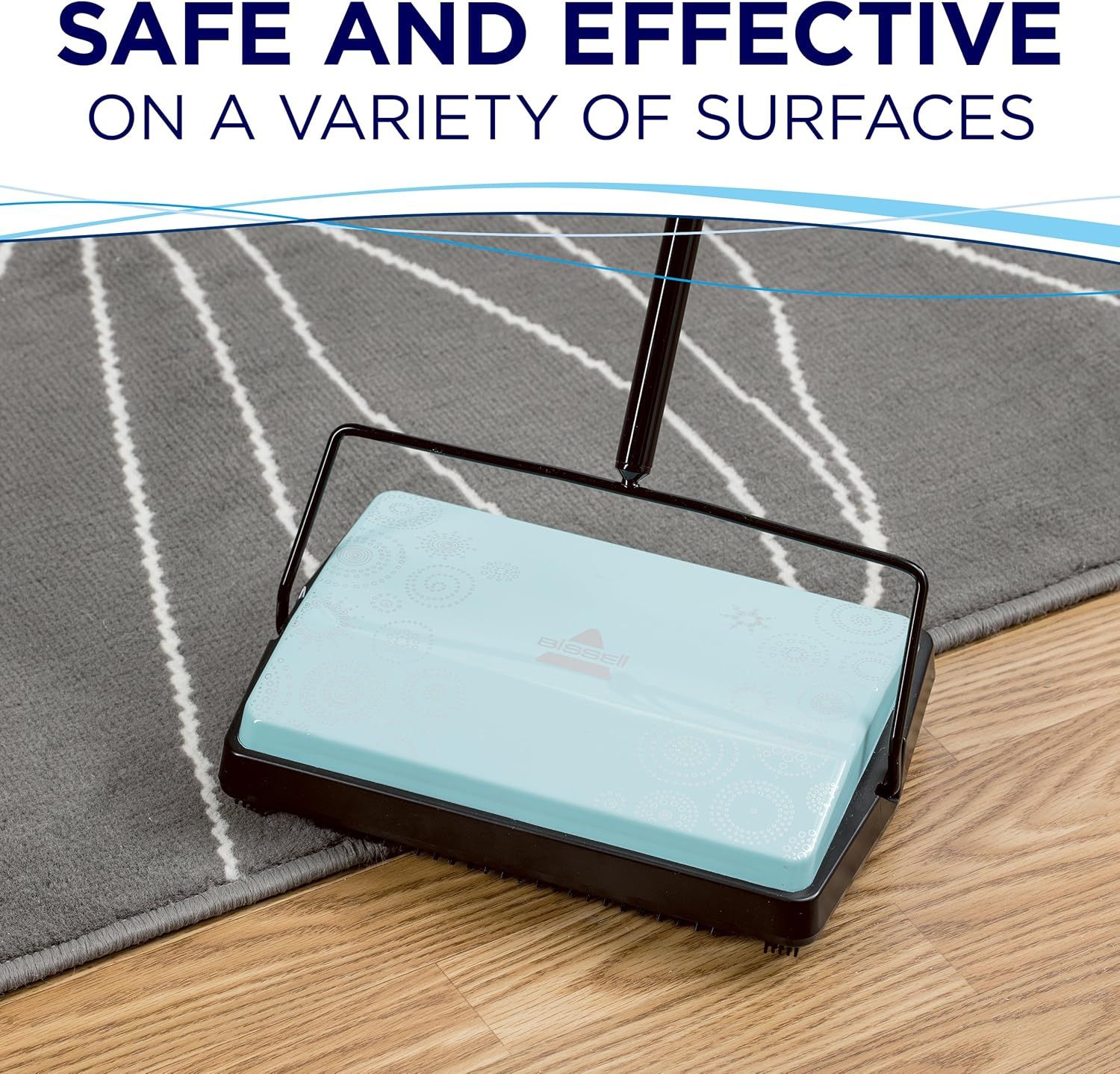 Demonstrates that the product works safely and effectively across multiple floor types (carpet, rug, hardwood) to reassure shoppers of its versatility. Communicates the core benefit that the sweeper…