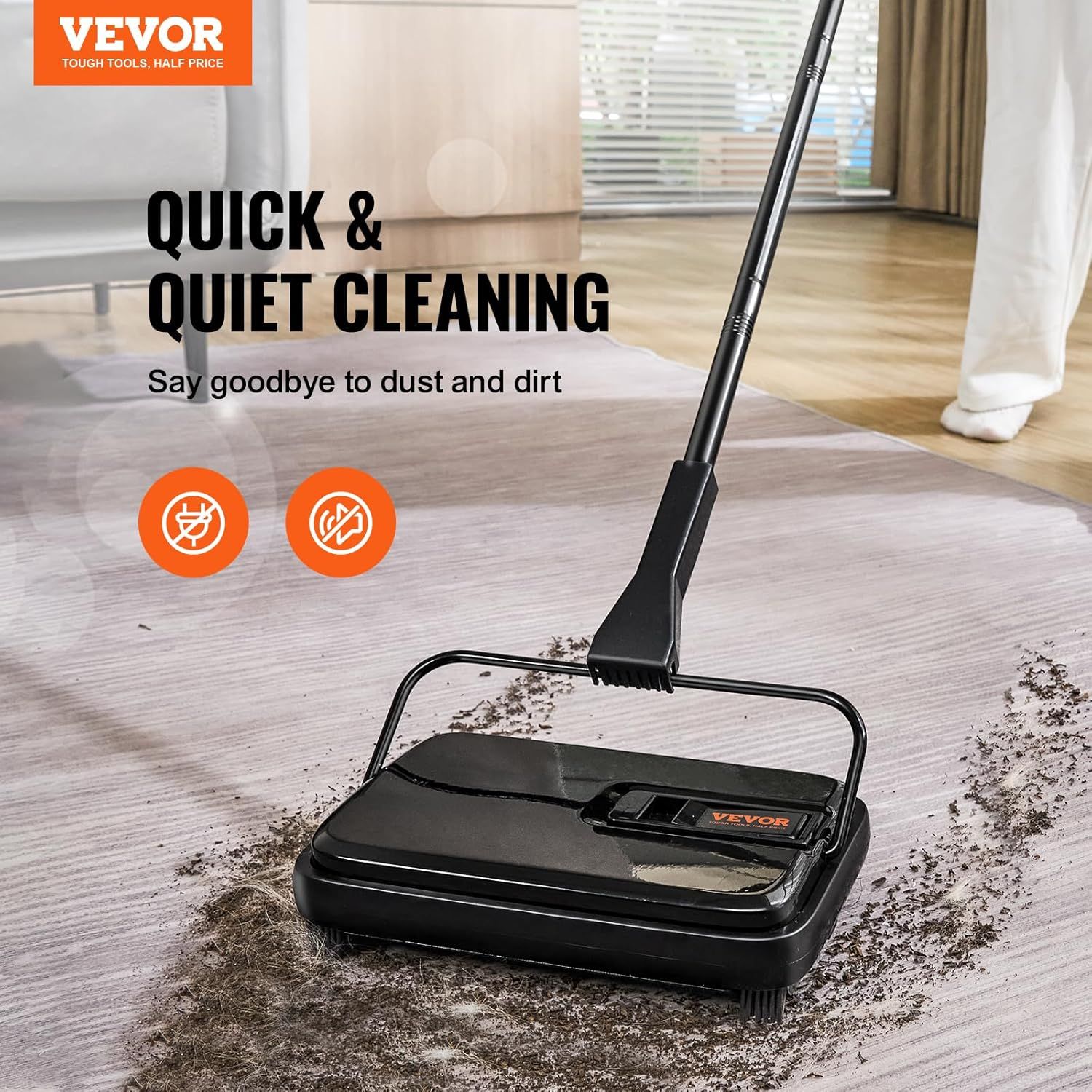 Communicates two key benefits of the sweeper: fast cleaning performance and quiet operation, reassuring shoppers it's efficient and won't disturb the household.