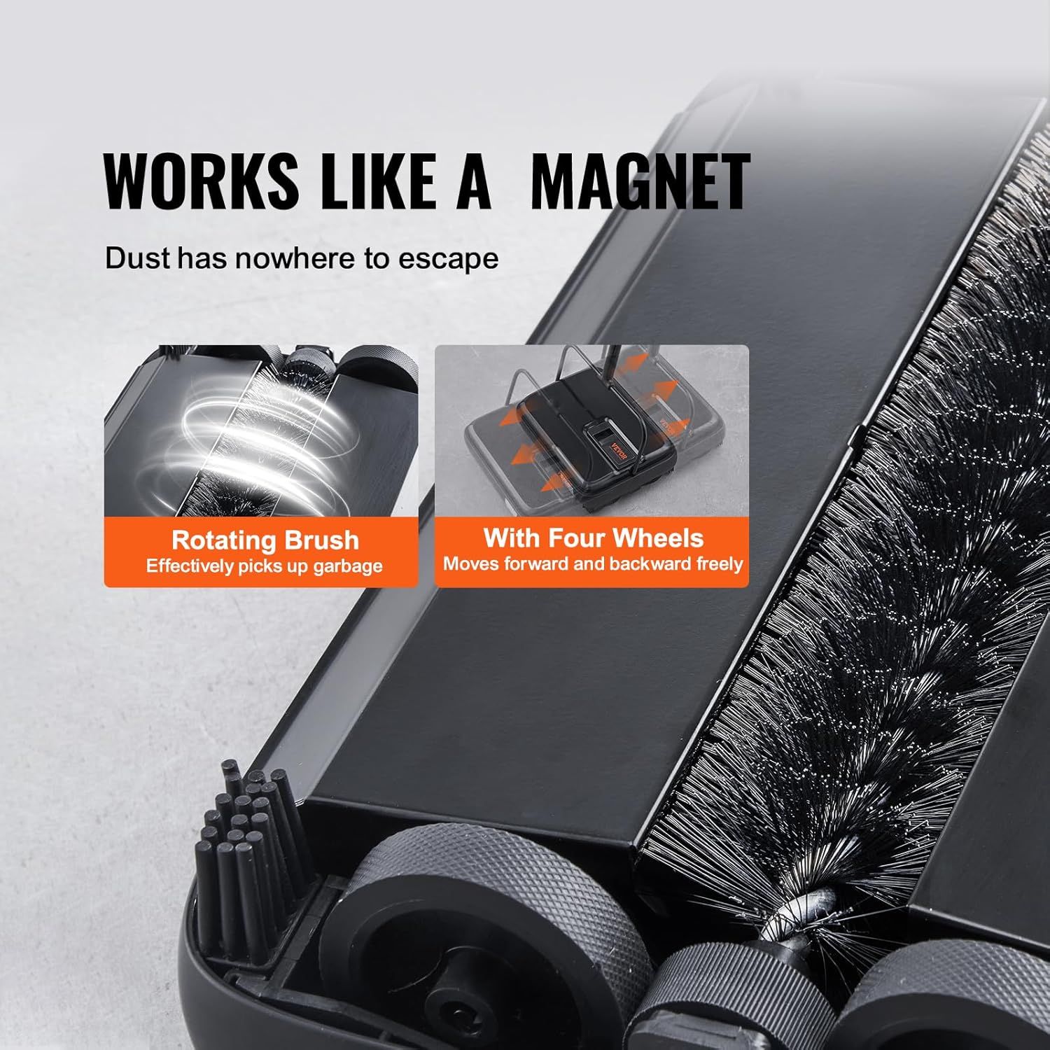 Highlights two key features of the vacuum cleaner: the rotating brush that effectively picks up dust and debris, and the four-wheel design that enables easy forward and backward movement.