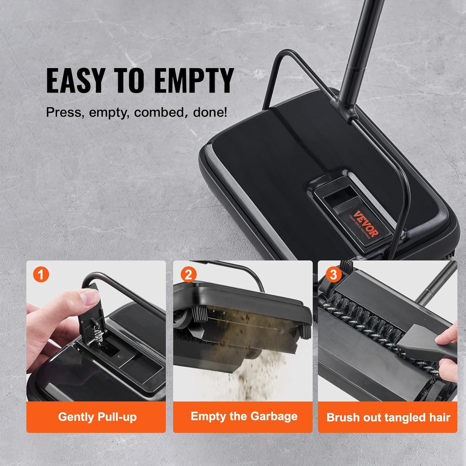 Demonstrates the simple 3-step process for emptying and maintaining the vacuum dustbin, reassuring shoppers that cleanup is quick and hassle-free. Highlights the convenience of the easy-to-empty…