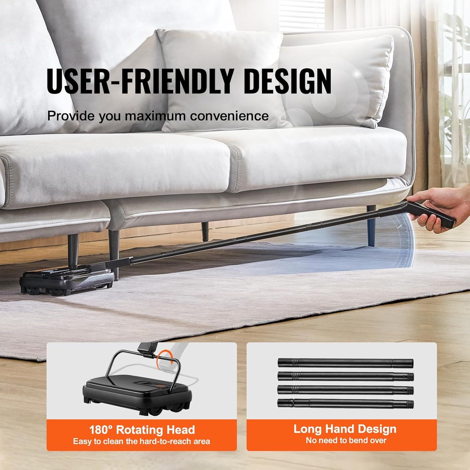 Communicates the user-friendly design features of the vacuum, highlighting the rotating head for hard-to-reach areas and the long handle design for convenient use without bending.