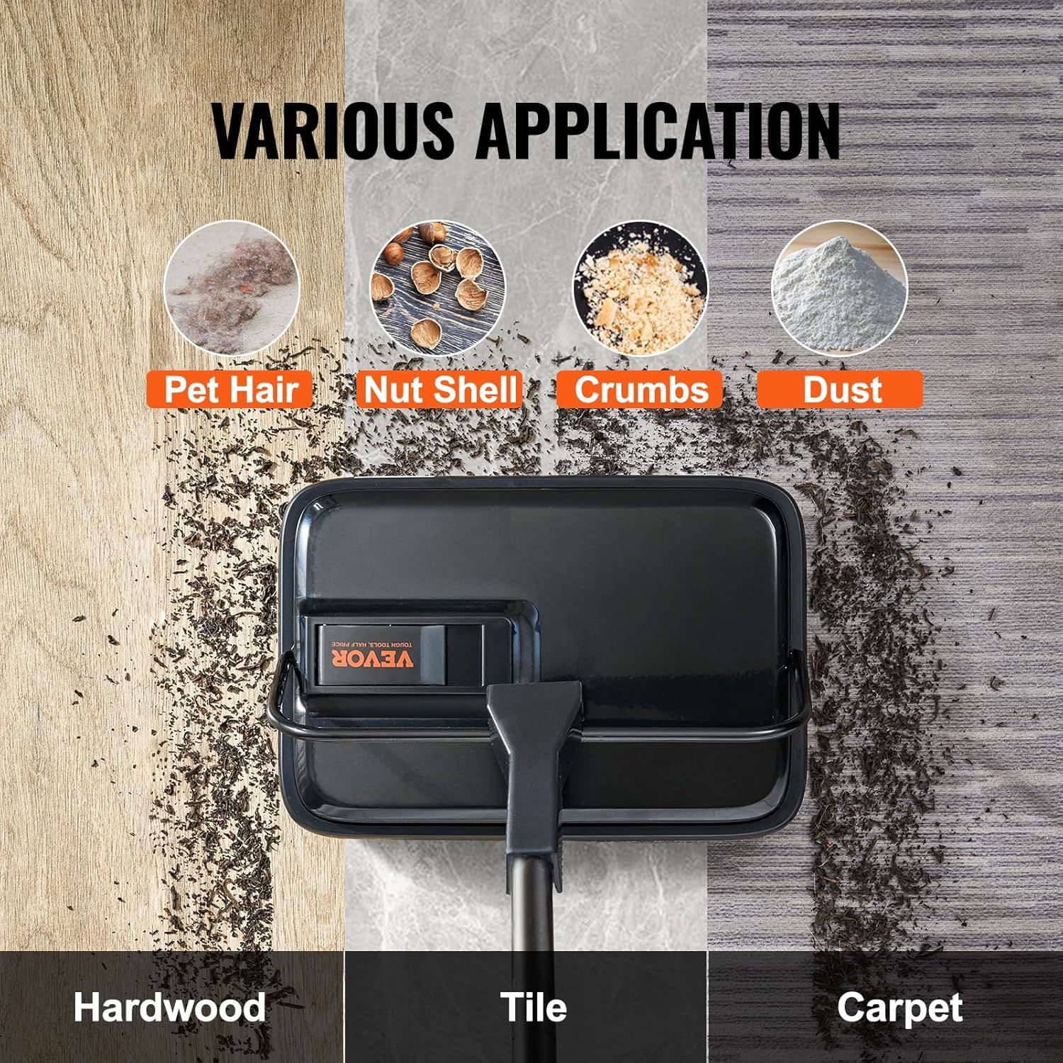 Demonstrates the product's versatility by showing it can clean multiple types of debris (pet hair, nut shells, crumbs, dust) across different floor surfaces (hardwood, tile, carpet).