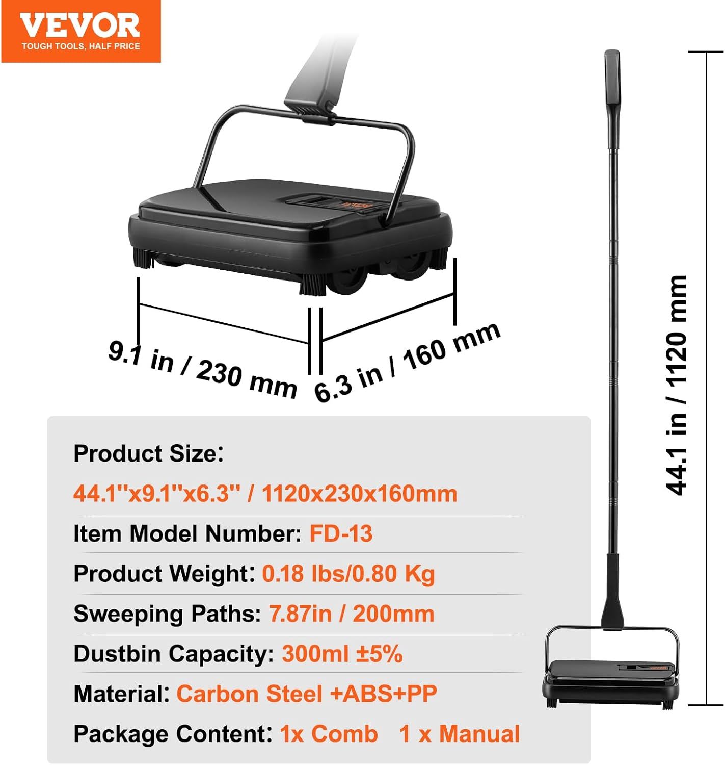 Communicates the exact physical dimensions and weight of the floor sweeper to help shoppers understand its size and portability for storage and use.