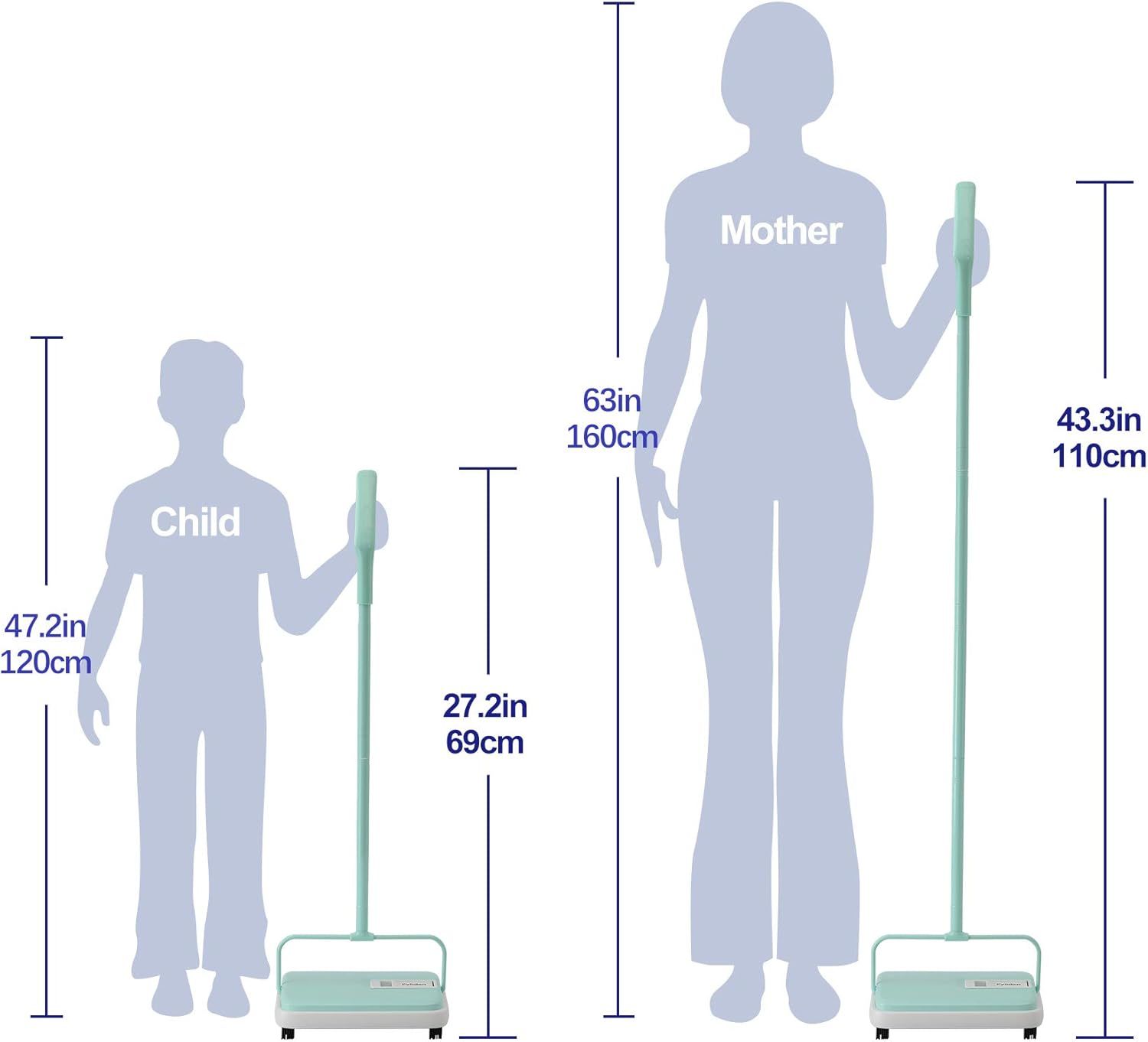 Demonstrates the physical height of the product at different extension levels and provides scale by showing it relative to a child and adult figure, helping shoppers understand if the size is…