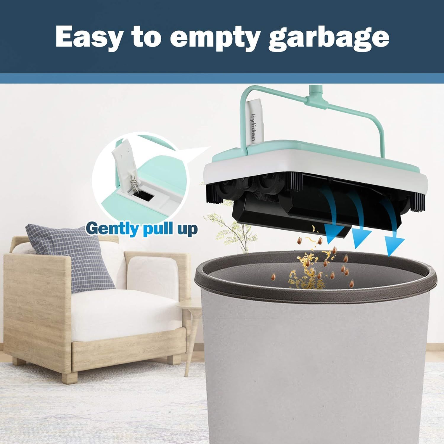 Demonstrates how to empty the vacuum's dustbin by gently pulling up the handle, reassuring shoppers that maintenance is simple and hassle-free. Highlights the convenience of the easy-to-empty…