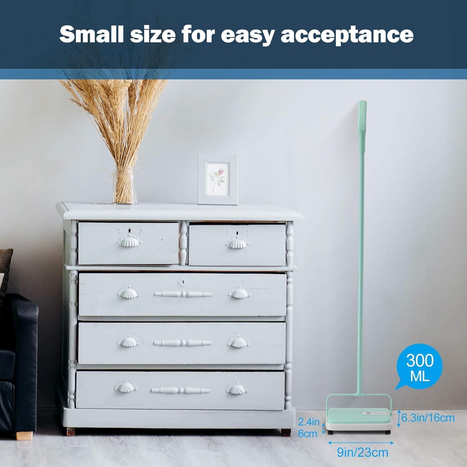 Demonstrates the product's compact physical dimensions (9in x 6.3in x 2.4in) and 300ML capacity to reassure shoppers that it's small and easy to store or use in any space. Highlights the benefit of…