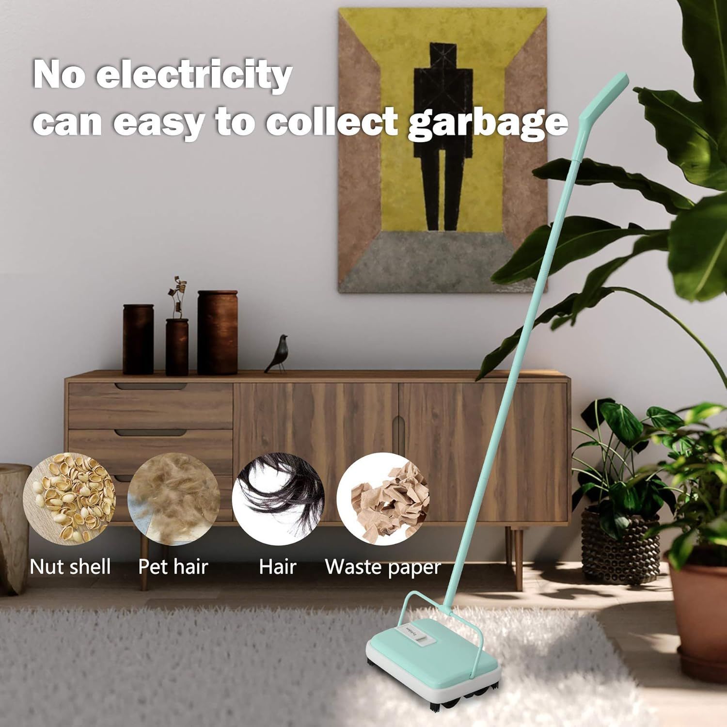 Demonstrates the product's versatility by showing it can collect multiple types of household debris (nut shells, pet hair, human hair, waste paper) without requiring electricity. Highlights the key…