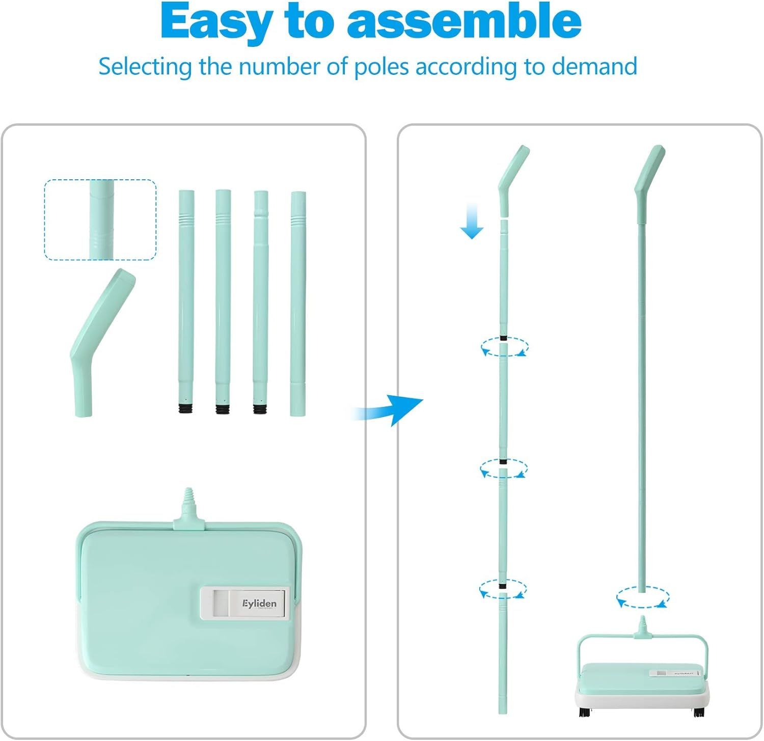 Demonstrates the simple assembly process by showing how to select and attach poles to the base unit, reassuring shoppers that setup is quick and customizable.