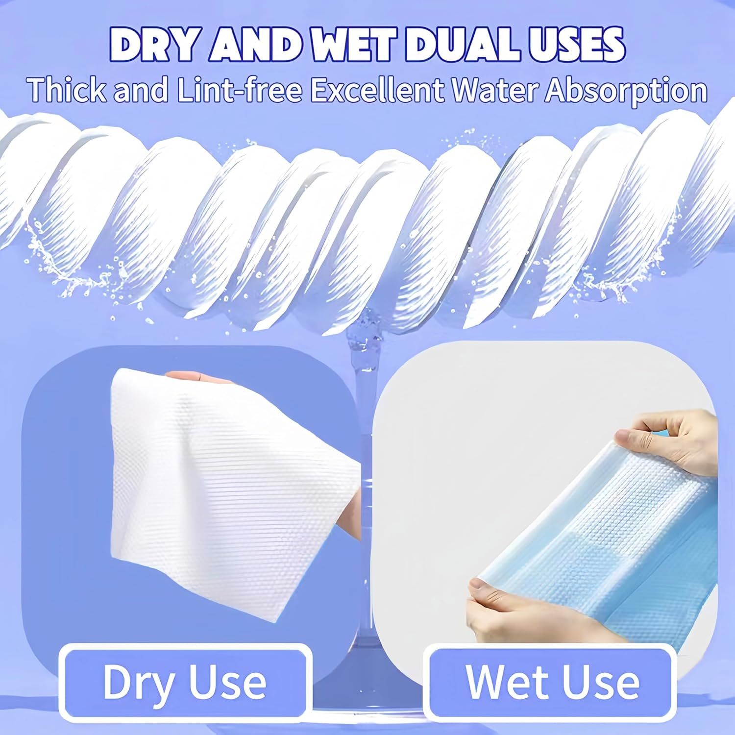 Demonstrates the product's versatility by showing it can be used both dry and wet, highlighting its dual-purpose functionality and excellent water absorption. Communicates the product's key benefits…