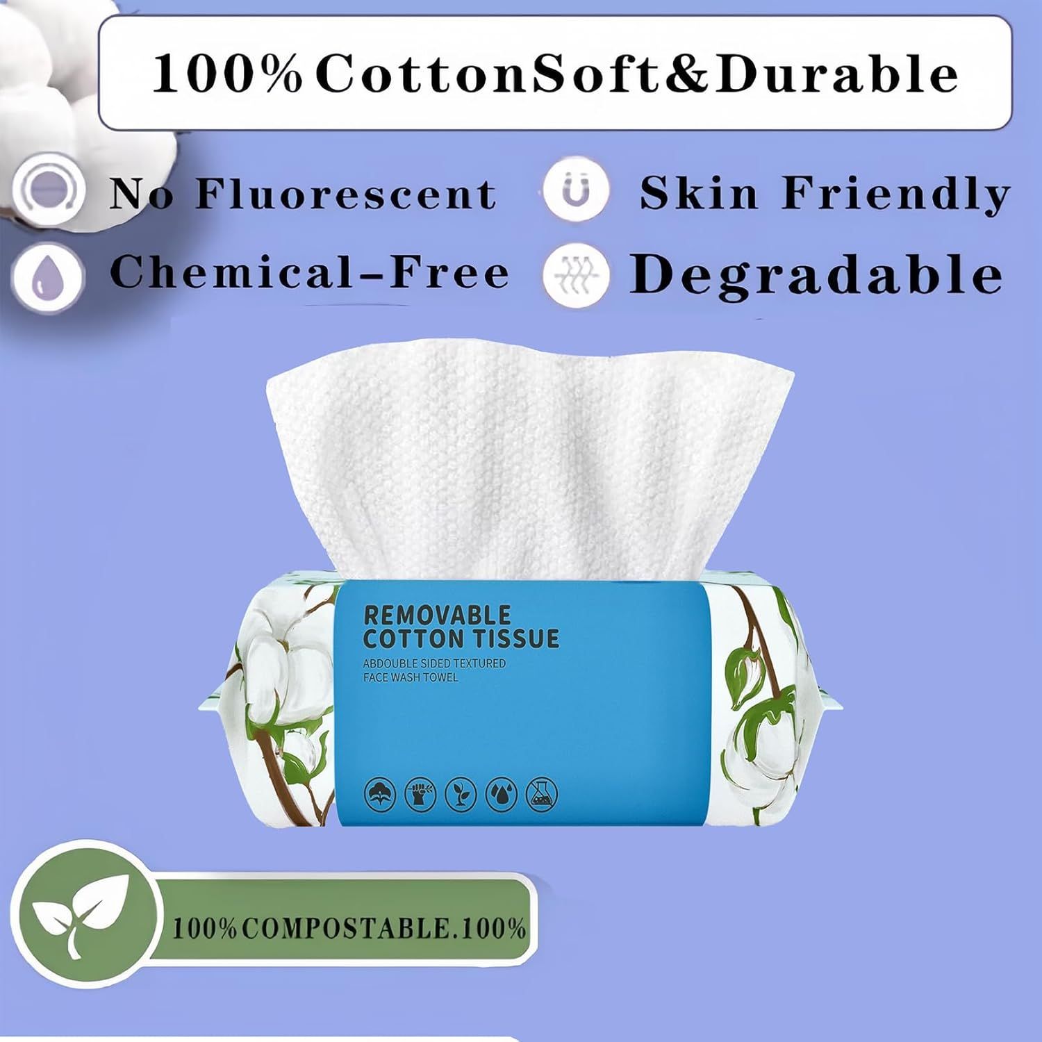 Communicates multiple product benefits in a segmented layout, emphasizing the eco-friendly, safe, and high-quality material properties to reassure shoppers about sustainability and skin safety.…