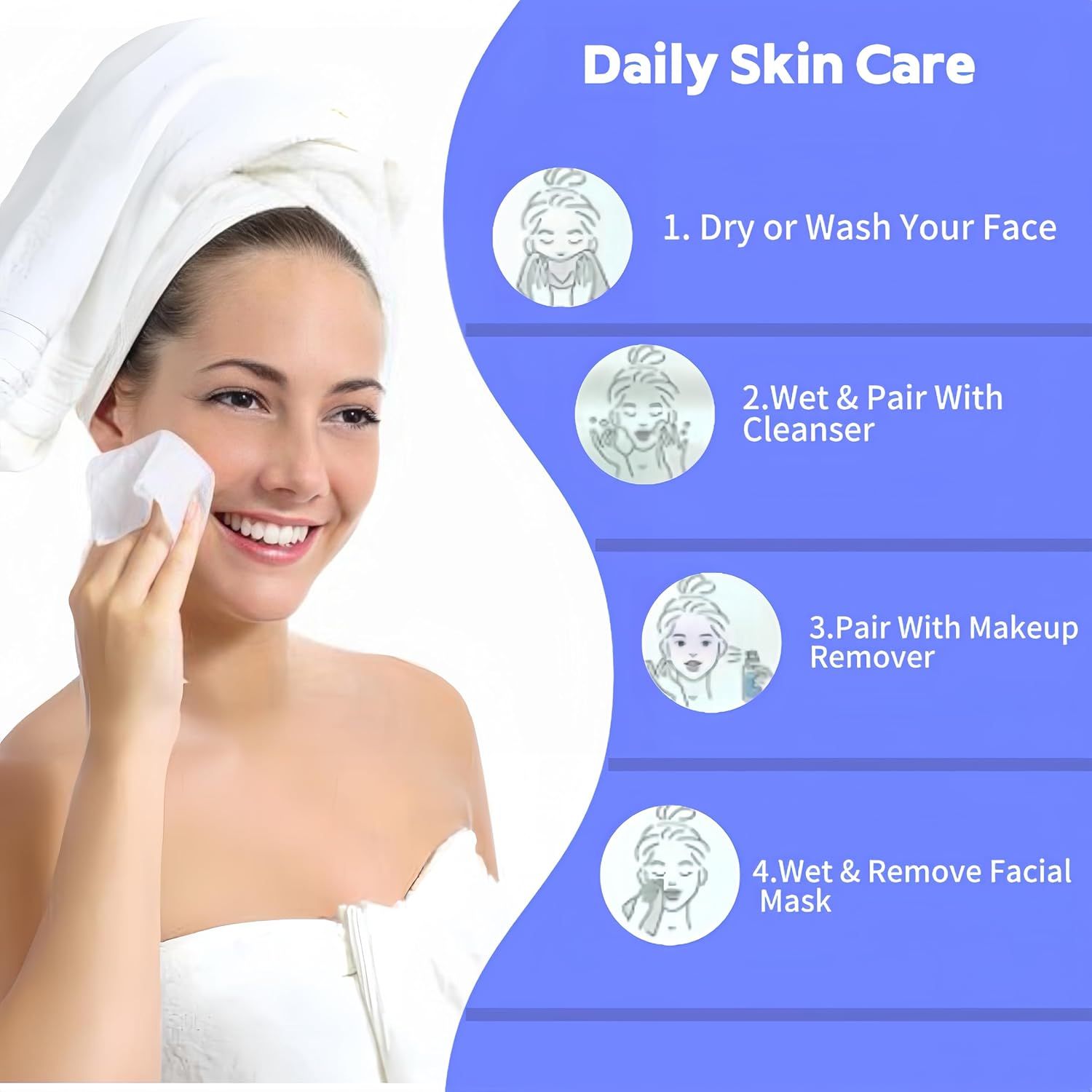 Provides a clear 4-step instructional guide for daily skincare routine, showing shoppers exactly how to use the product effectively for face cleansing and care.