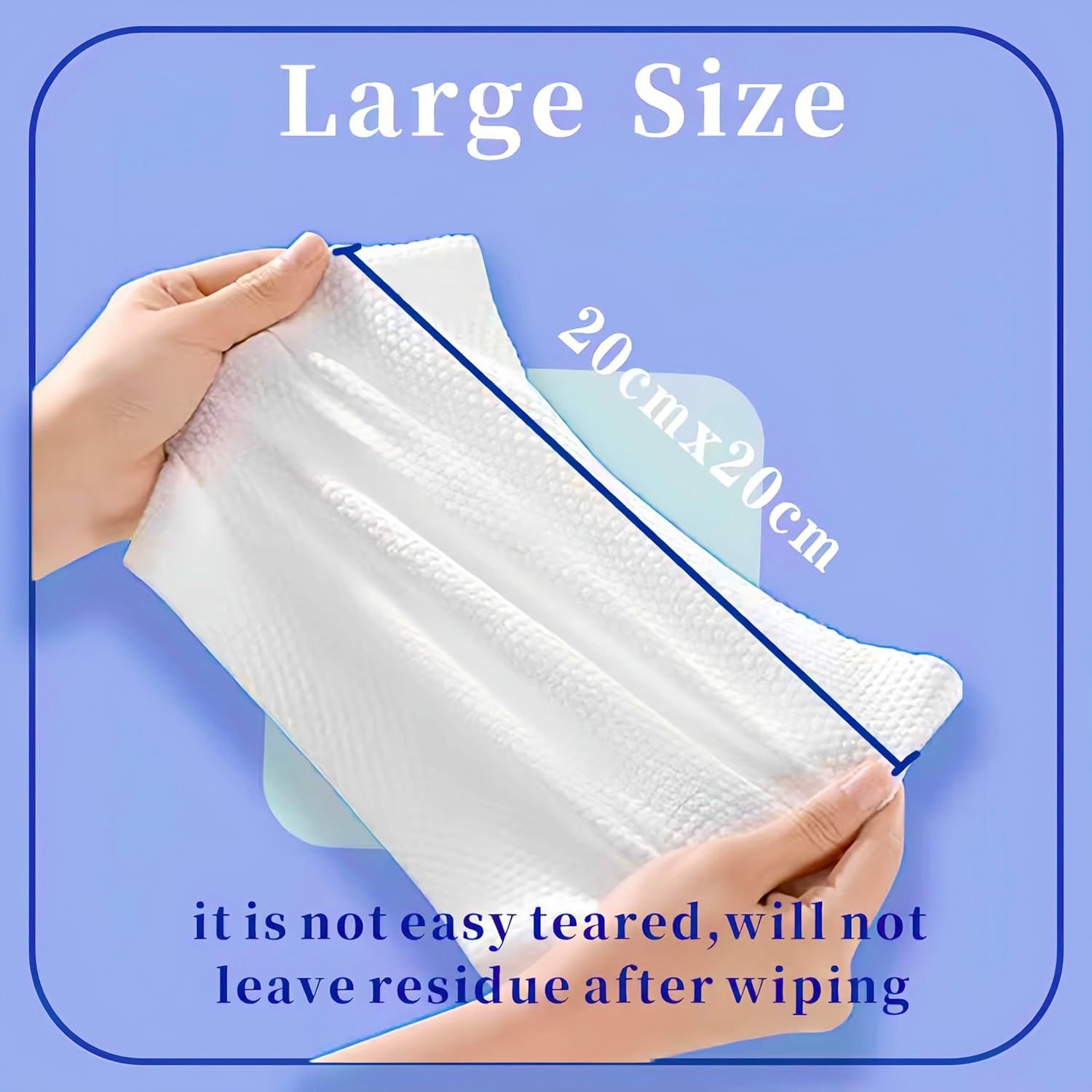 Communicates the physical dimensions of the product (20cm x 20cm) to help shoppers understand the size and coverage area of each wipe or towel. Highlights the product's durability and quality by…